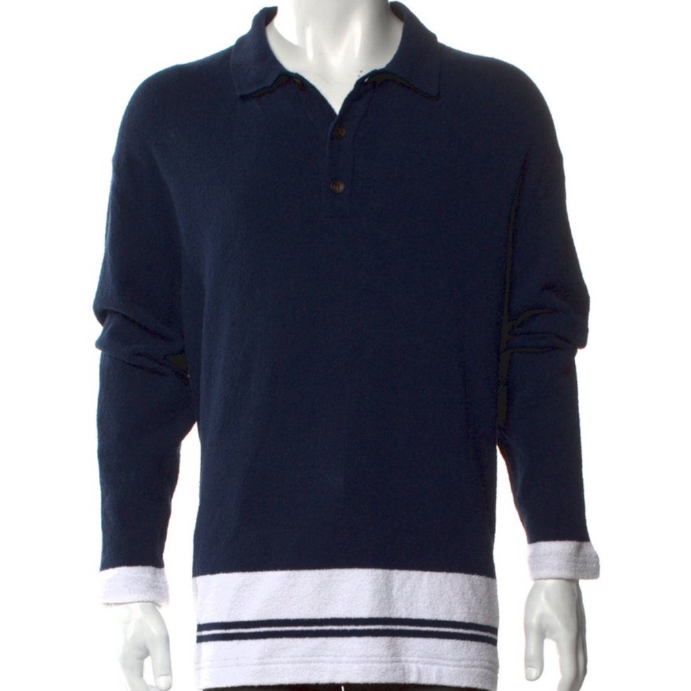Lanvin Navy Polo Sweater with White Striped Hem